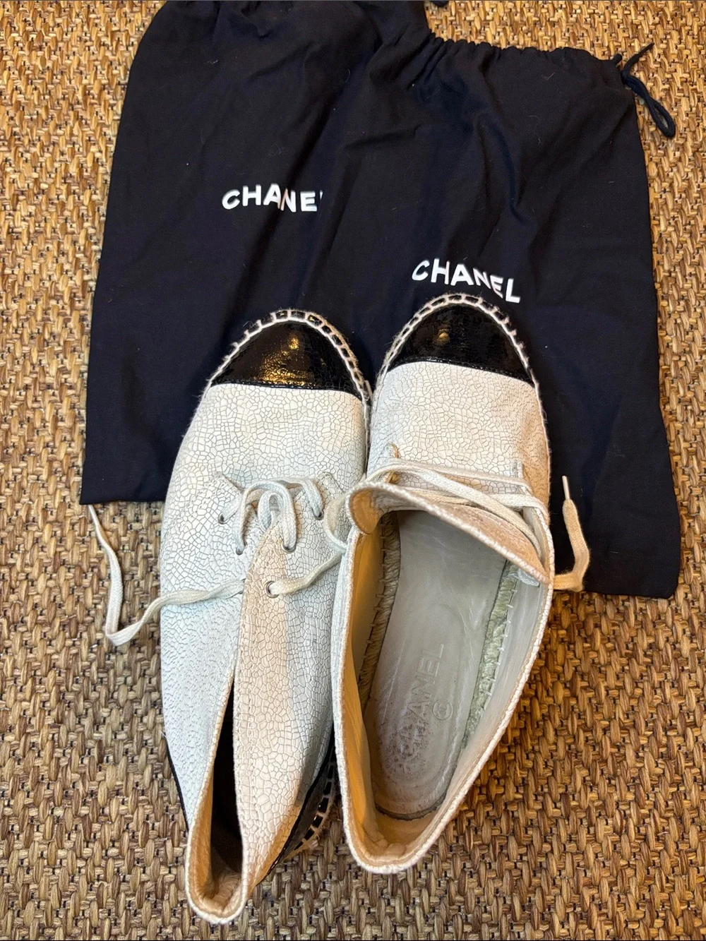 Chanel Two-Tone Espadrille Lace-Up Shoes - Cream with Black Cap Toe
